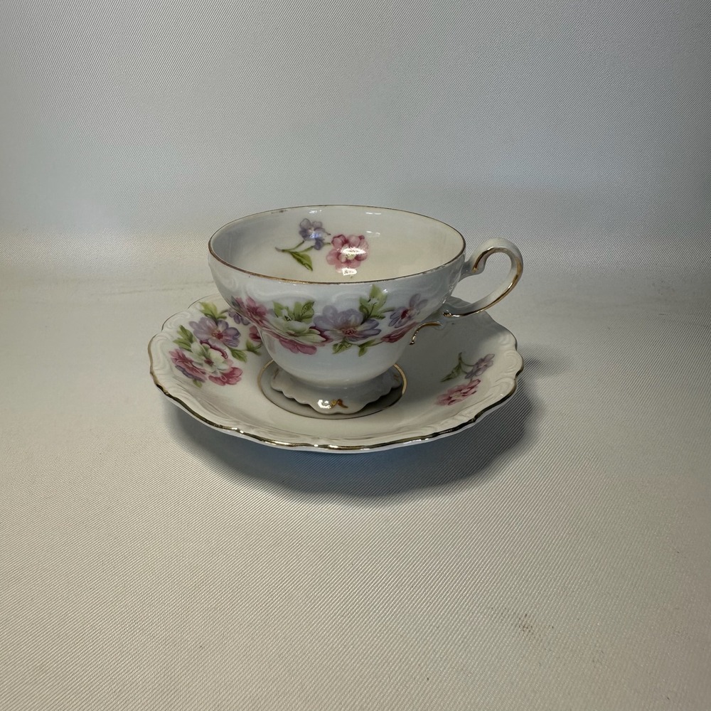 Vintage Meiko China MT Floral Teacup and Saucer Set Japan Pink/Purple Gold Trim